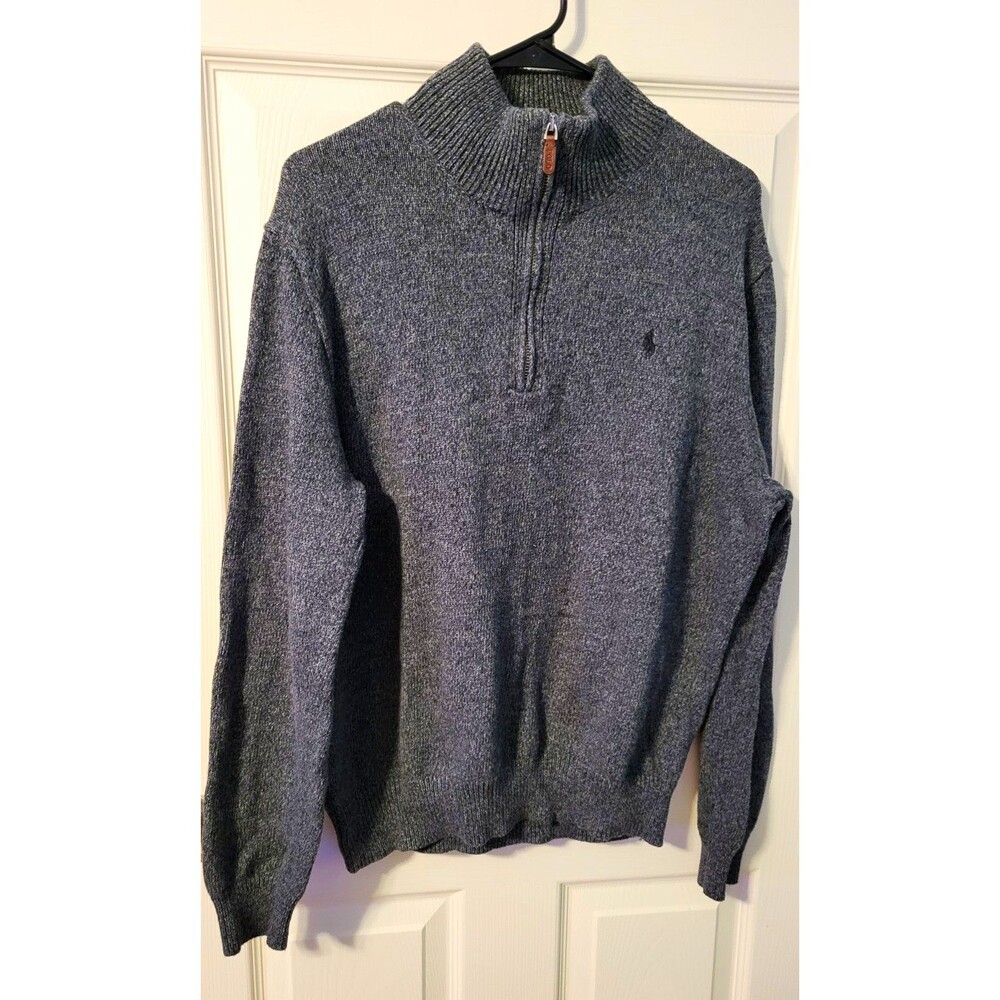 Polo Ralph Lauren Men L Gray Heather Cotton Quarter Zip Sweater Leather Pull